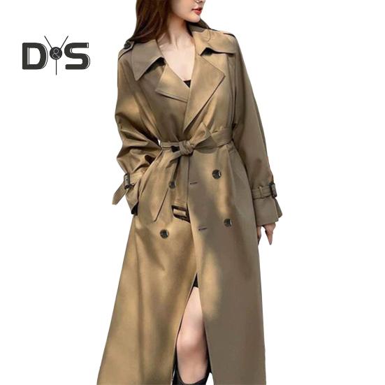 Dámský dvouřadý dlouhý trenčkot, větruodolný, štíhlý kabát s klopou a páskem, větrovka, jaro/podzim