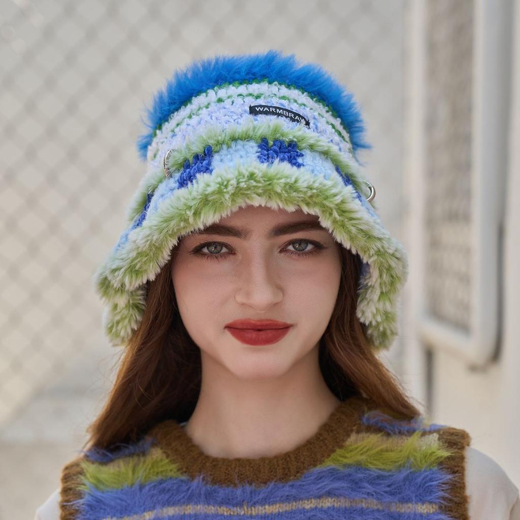 Handmade crochet wool hat women's color tassel with ear protectors hollow sleeve knitted cold hat