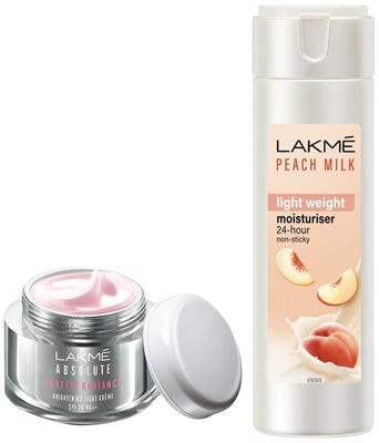 LAKMÉ Absolute Perfect Radiance Huidverhelderende Dagcrème, Licht, 50G En Lakme Hydraterende Bodylotion, Perzik Melk, 200ml
