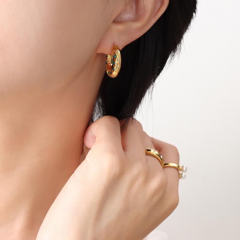 European & American Retro C-Shaped Earrings with White & Green Zircon in 18K Gold-Plated Titanium Steel