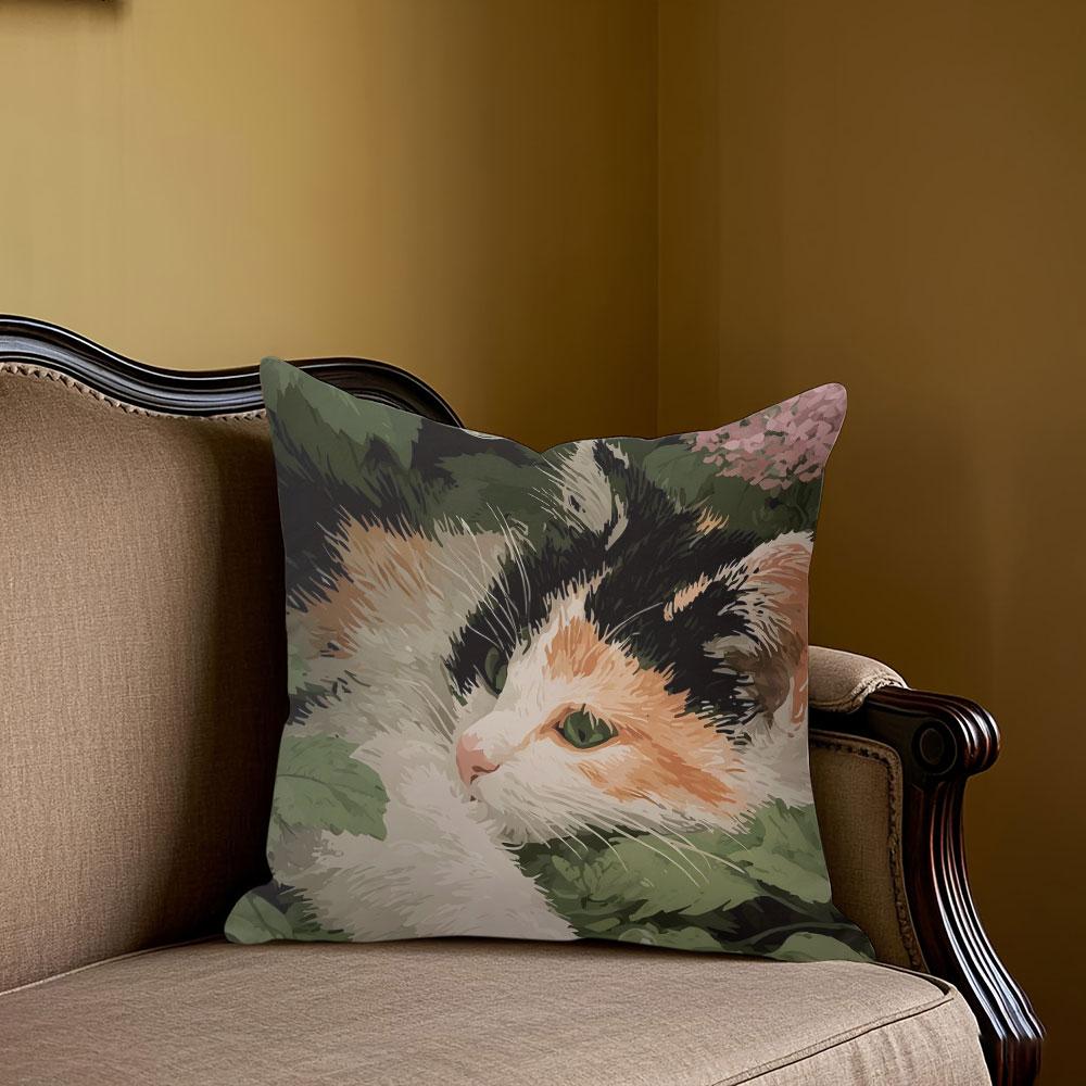 Calico Cat in Garden square Jacquard Pillow Cover for Sofa Office Waist Cushion Cover Home Decorative Pillowcase