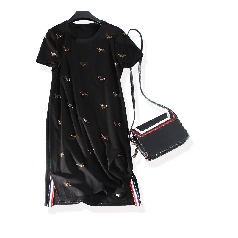 

Island Country Order! 2022 Amoi Washed Cotton High Temperature Hot Drilling Cartoon Element Thread Side Short sleeve Dress Black Women Black 3XL