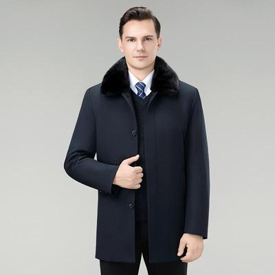 Men's Mink Fur Collar Down Jacket with Detachable Liner, White Duck Down, Autumn/Winter 2025, Middle-Aged Dad Cold Protection Coat.