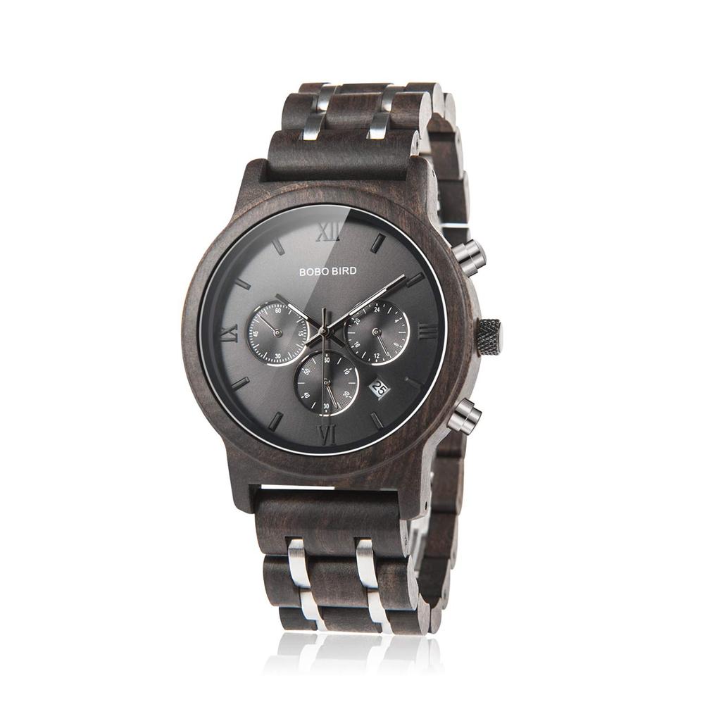 BOBO Bird Men's Wooden Watch with Luxury Wood and Metal Strap, Chronograph, Date Display, Quartz Movement, Versatile Men's Watch, Medium Size, Black