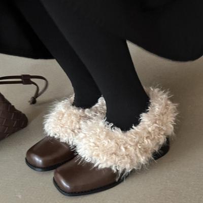 Cowhide Version High-heeled Fluffy Shoes Women's Velvet Warm Square Head Single Shoes One Pedal Thick Heel Small Leather Shoes Cotton Shoes