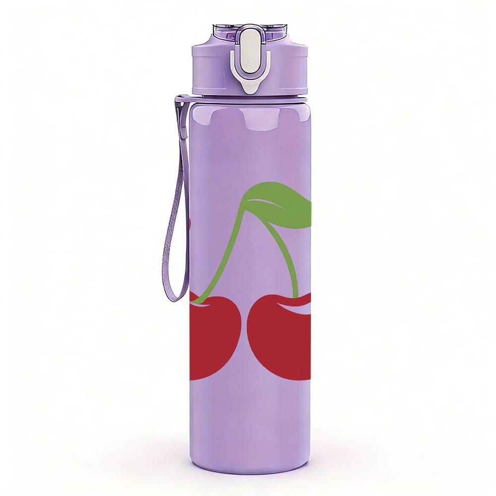 1PC Red Cherry Fruit 750ml Color Plastic Sports Water Bottle Leakproof Flip Straw Lid Suitable for Sports Office Home Use