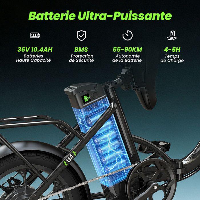 Vélo Électrique Pliable 16"-Moteur 250W-Batterie 36V 10.4Ah-3 Vitesses-Charge 120 kg-Autonomie 56 km-Angle d'escalade 15%-Noir