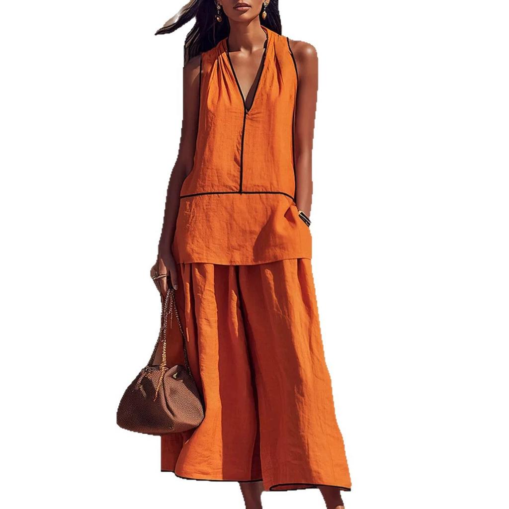 2026 European and American Cross-border Summer Neck V-neck Sleeveless Top Wide-leg Pants Vacation Wind Contrasting Color Edge Loose Suit