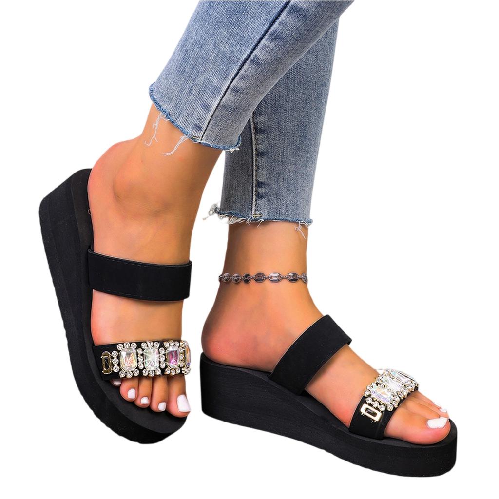Women Wedge Platform Sandals Lightweight Slip On Beach Slides Open Toe Summer Casual Comfortable Footwear with Decorative Stones