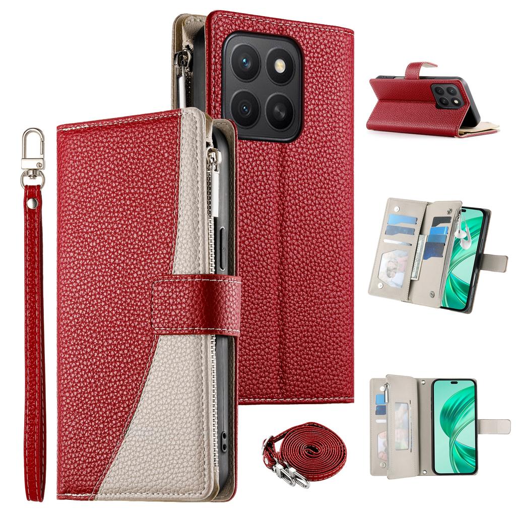 For Honor X8c 4G Case Zipper Wallet Color Splicing Leather Flip Phone Cover with Straps