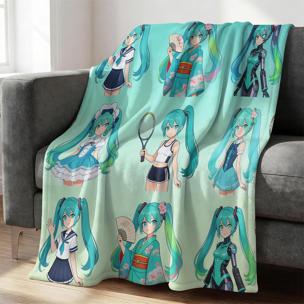 Hatsune Miku Pastel Chibi Print Flannel Throw Blanket Bedroom Decor Cute Anime Nap Blanket Air Conditioner Throw Sofa Throw Cove
