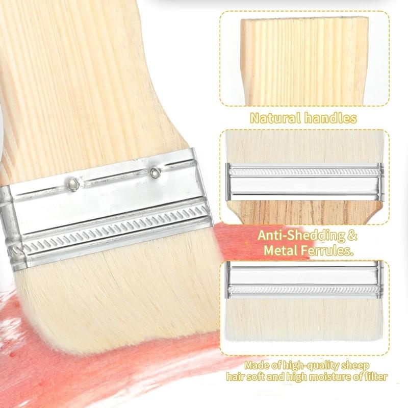 4Pcs Flat Paddle Paint Brush with Wide Coverage 2/3/4/5inch Square Flat Wood Handle Wool Paint Brush Easy to Use