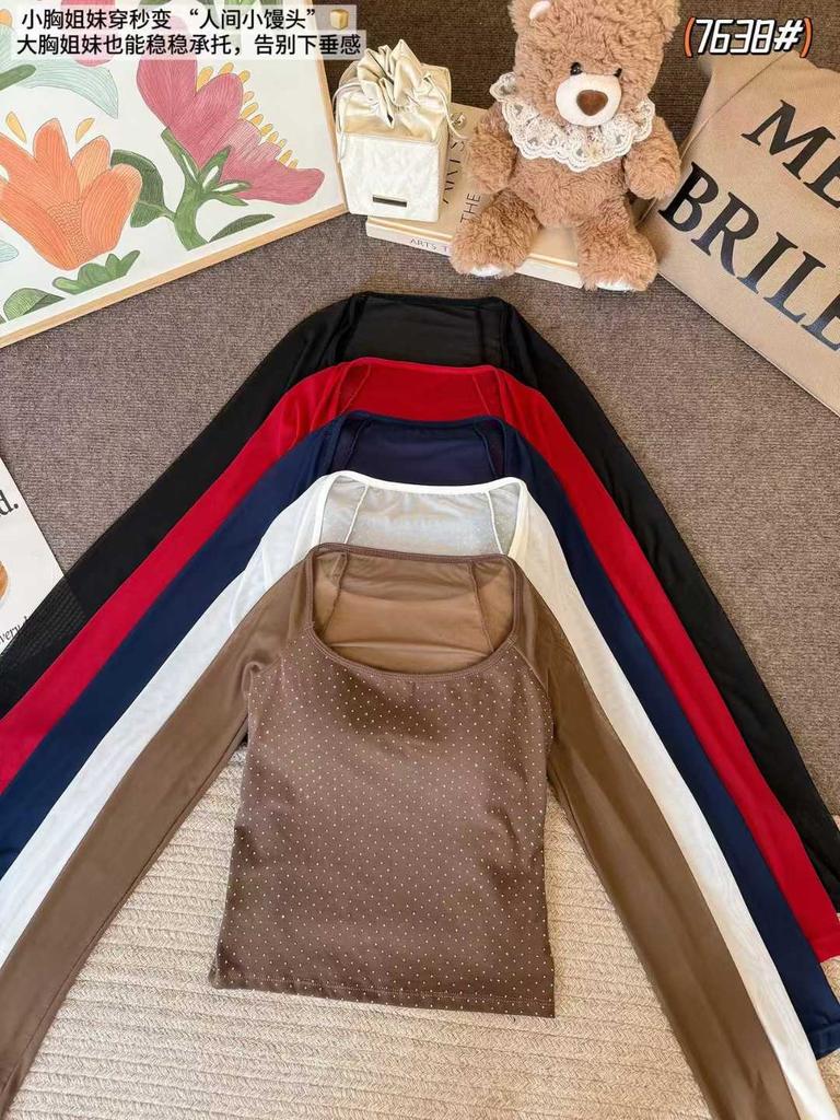 #Summer New Pure Desire Wind Full Diamond Splicing Mesh Long-sleeved T-sleeved Slim and Thin Integrated Woman with Chest Pad