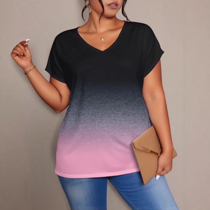 Women Short Sleeve Top Summer Basic Shirt V Neck Gradient Tie Dye Tee Tunic Tops