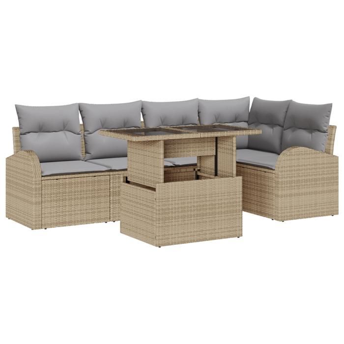 Ensemble de Canapés de Jardin 6 Pièces avec Coussins Beige Rattan Poly, Canapé de Jardin 2 Places avec Rangement &amp; Coussins 3357383