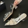 Fashion Silver PVC Transparent Women Pumps CRYSTAL Diamond Pointed Toe Low Heels Mules Banquet Ladies Sandals