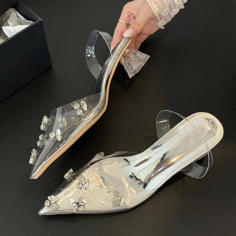 Fashion Silver PVC Transparent Women Pumps CRYSTAL Diamond Pointed Toe Low Heels Mules Banquet Ladies Sandals