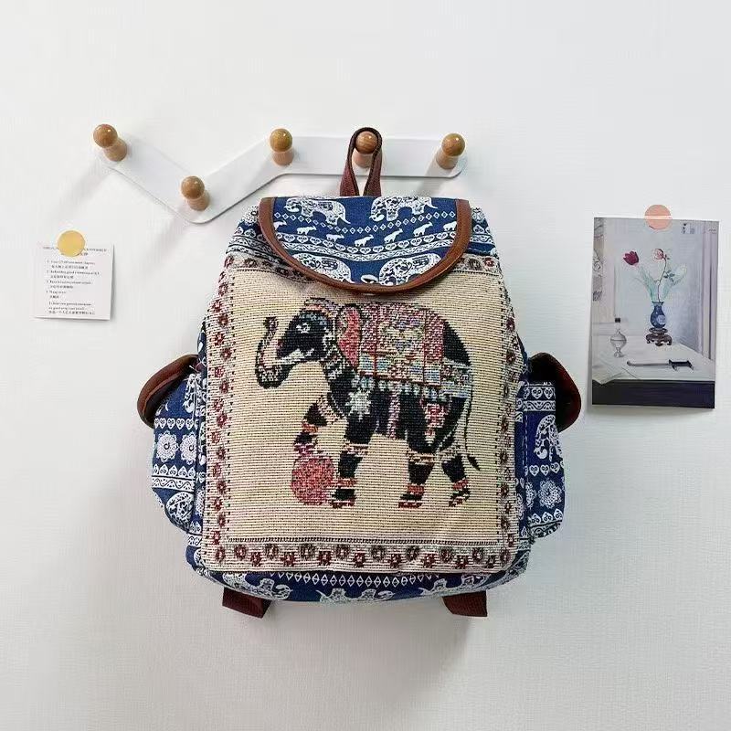Fashion Ethnic Style Embroidery Knapsack Casual Canvas Animal Drawstring Backbag Jacquard Elephant Owl Bucket Back Bag Beach