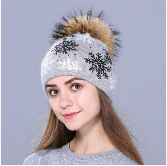 Women's Wool & Rabbit Hair Blend Snowflake Pullover Hat with 15CM Genuine Raccoon Fur Pom Pom