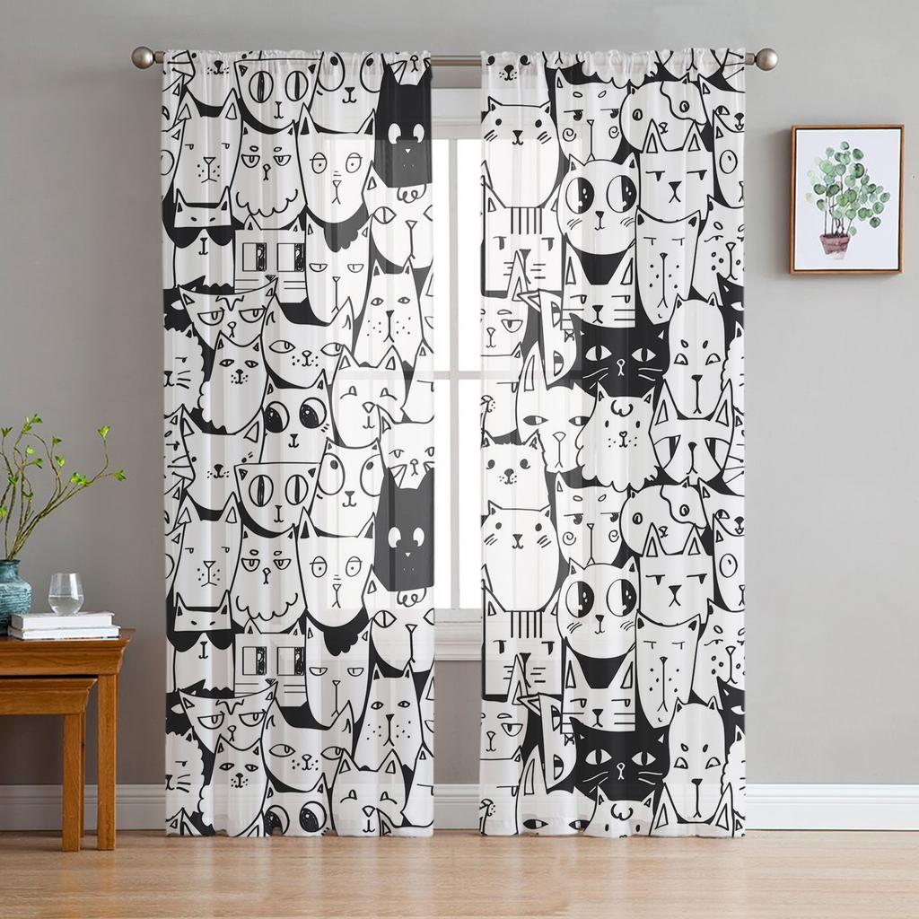 Tiulowe zasłony do salonu Kot Słodki Szkic Sypialnia Gabinet Okno Przezroczyste Zasłony Kuchnia Balkon Wnętrze Woalowe Zasłony