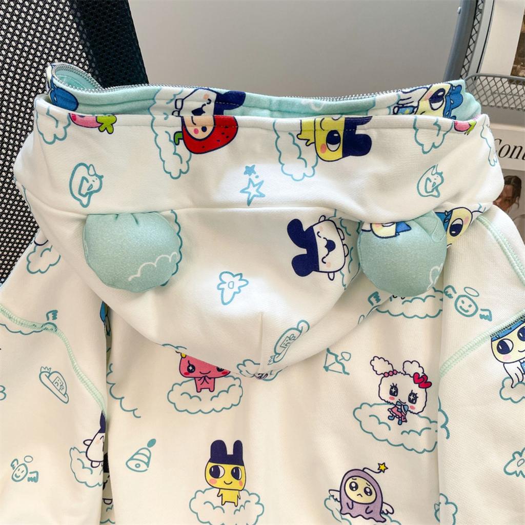 Extra-large Size Fashionable Full-print Design Zipper Cardigan Coat with Cute Bear Ears and Fleece Pullover for Girls