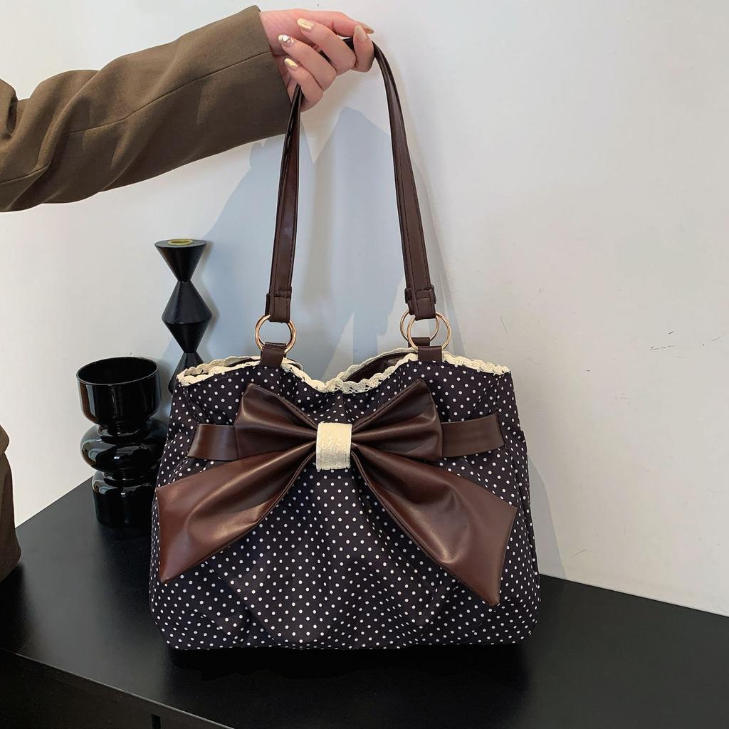 Neue Mode Polka Dot Schleife Spitze Große Kapazität Schultertasche für Damen Pendler Tote Handtasche