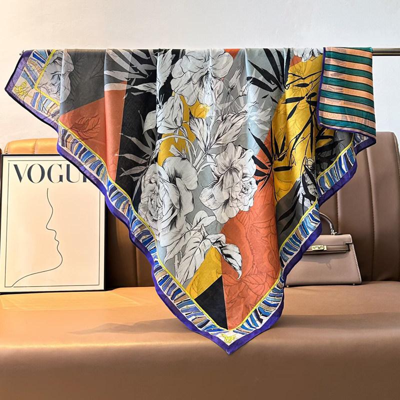 Pastoral Floral Velvet Double-sided Scarf 91 Large Square Scarf Women's Summer Travel Photo Silk Scarf Sun Protection Shawl