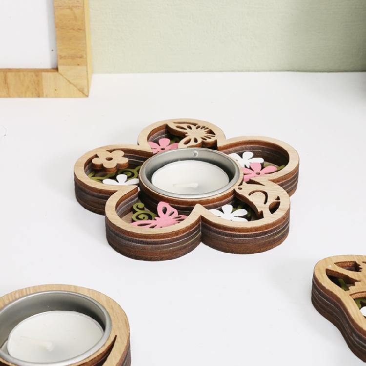 Wood Candle Holder Candlestick With Exquisite Flower And Butterfly Pattern For Living Room