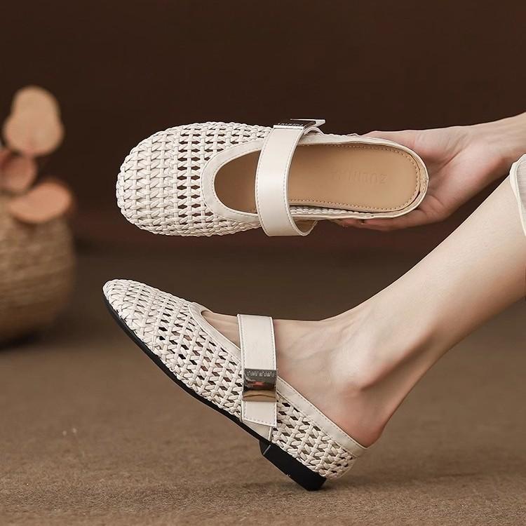 Soft Leather Version~ Hand-woven Hollow Sandals for Women's 2025 Summer New Models with Breathable Bag Head and Half Slippers for External Wear