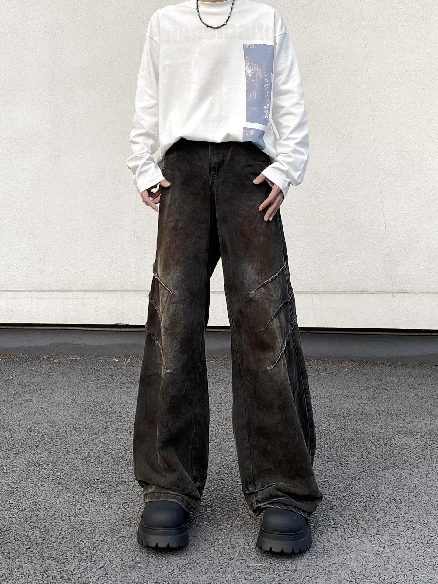 Мужские прямые джинсы JYL Американская Пустошь Грязно-стиранные Свободные Черные Джинсовые в Пол M