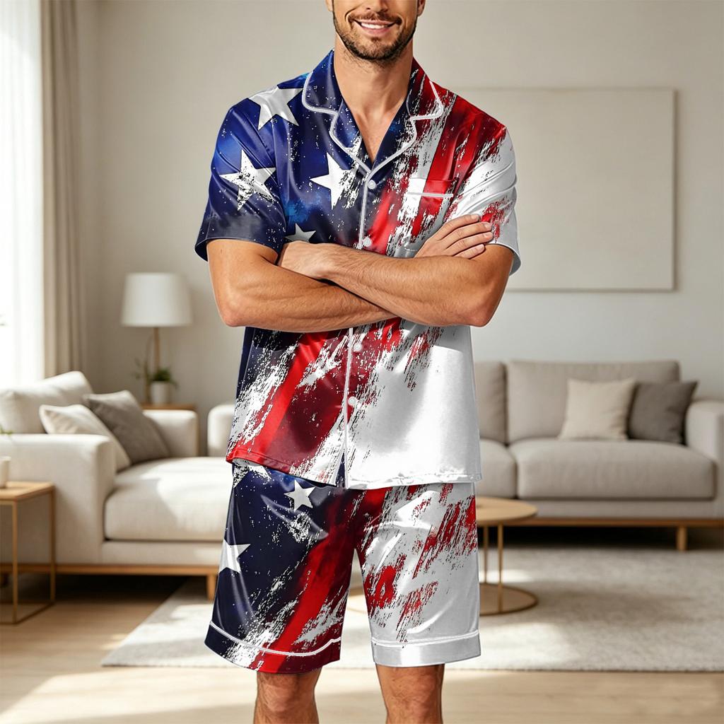 Men's Satin Short Sleeve Pajama Set Two Piece Soft Lightweight Sleepwear with Shorts and Pockets Button Down Top Lounge Suit