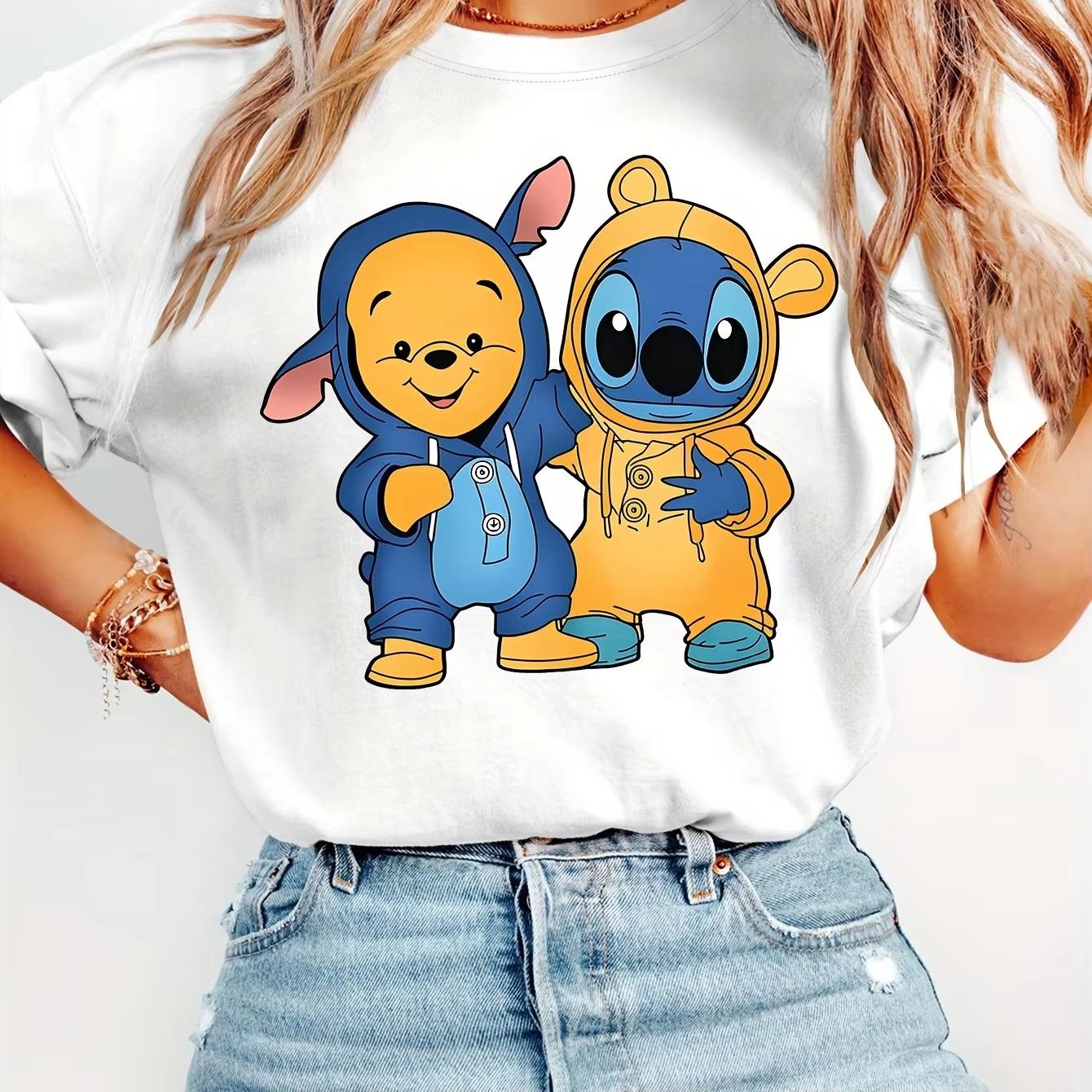 

Ladies Short Sleeved Cute Cartoon Winnie The Pooh and Stitch Printed Round Neck Summer Tshirt S