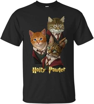 Hairy Pawter Cats T-Shirt Funny Cat Tee Shirt Short Sleeve Black