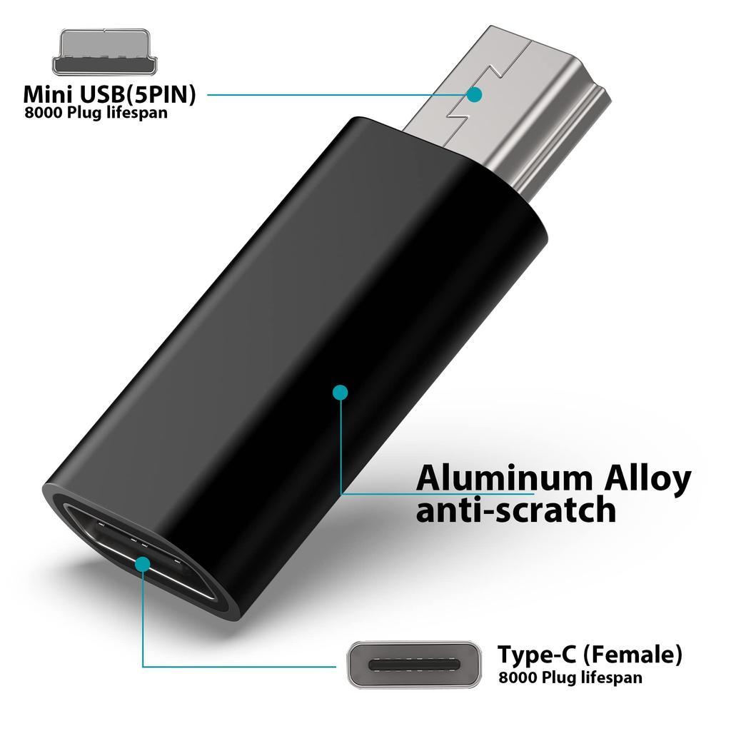 Adapter USB C na Mini USB 2 sztuki, Konwerter Typu C żeński na Mini USB męski do GoPro Hero 3+, MP3, Rejestratora jazdy, Aparatu, Czarny
