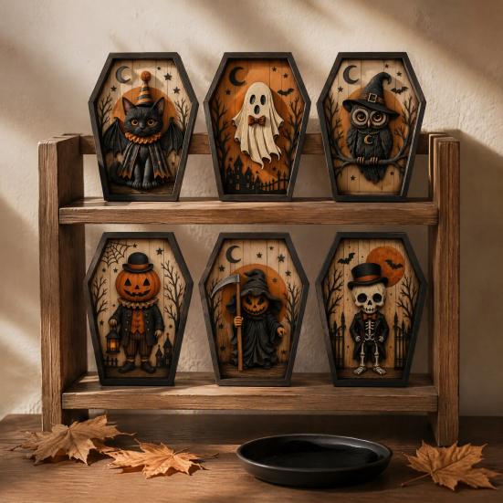 Unique Halloween Gifts for Friends Coffin-Shape Wooden Sign Decor, Pumpkin Skeleton Ghost Owl Desktop Statue Decor Patterns, Spooky Tabletop Ornament