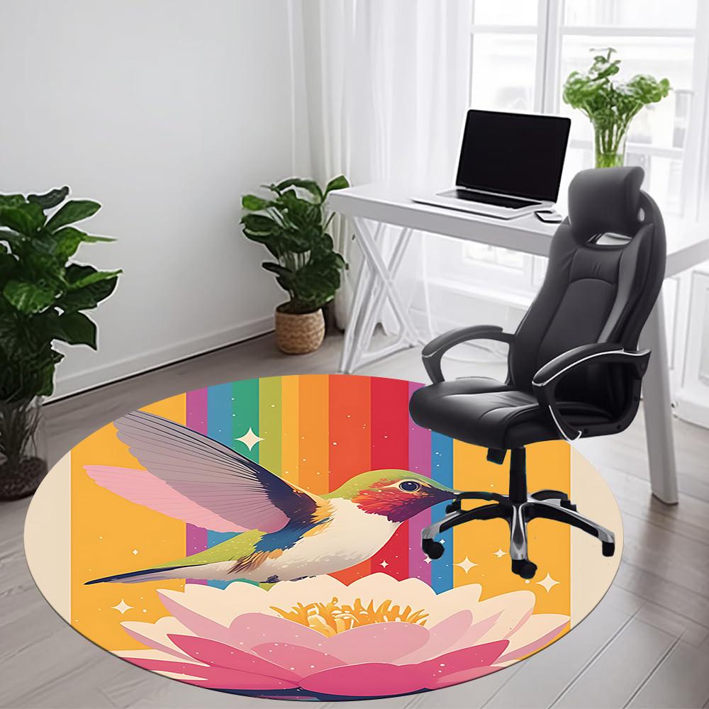 1PC Hummingbird Lotus Office Round Area Rug,  Mat Suitable ForOffice, Under Office Chairs Bedroom Living Room Home Decor, Room Deco