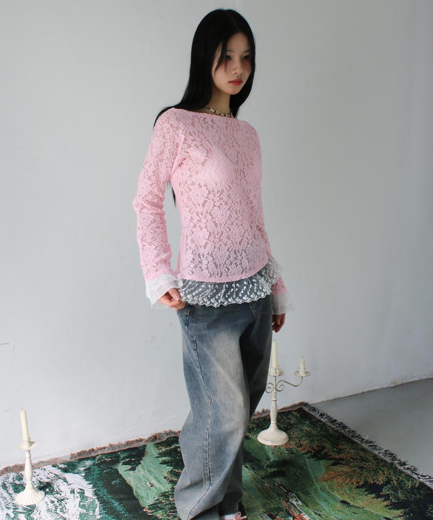 RUBATI Sofia Boat Neck Frill Lace Long Sleeve T-Shirt_Pink