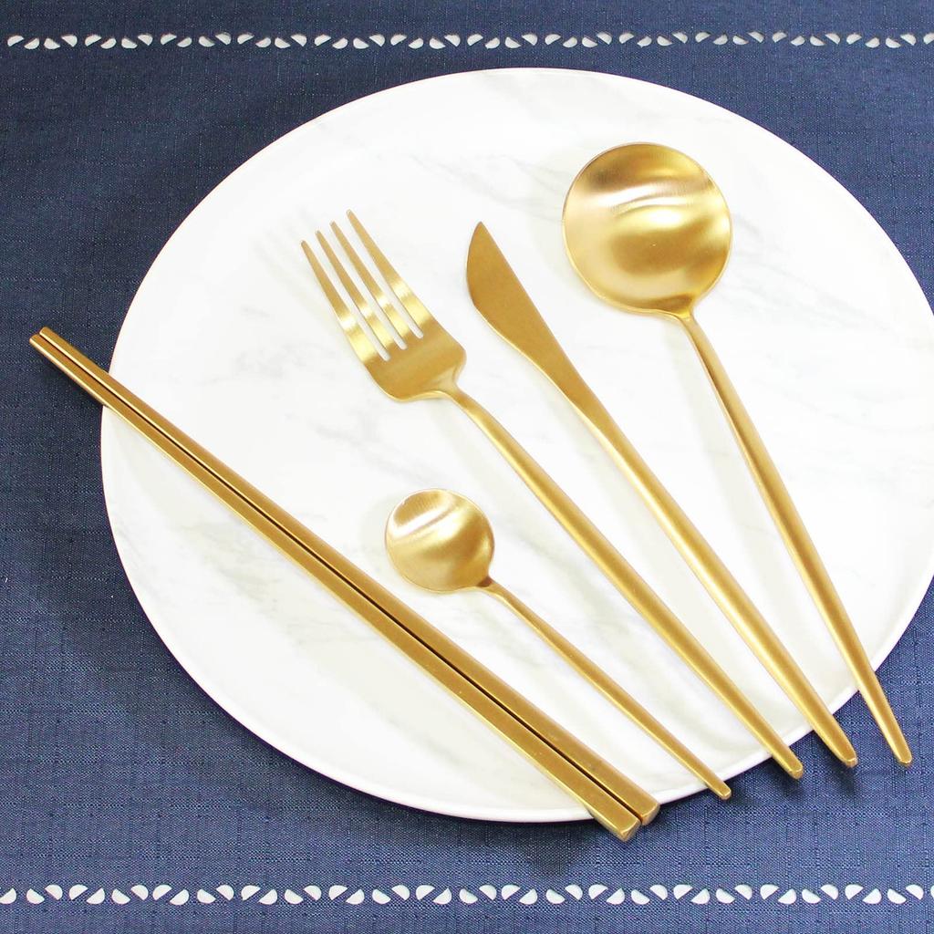LEREVE Brand Cutlery 10 Colors Dinner Cutlery Gold Set, Arete, Available, Knife, Fork, Spoon, Teaspoon, Chopsticks, 5-Piece Set,