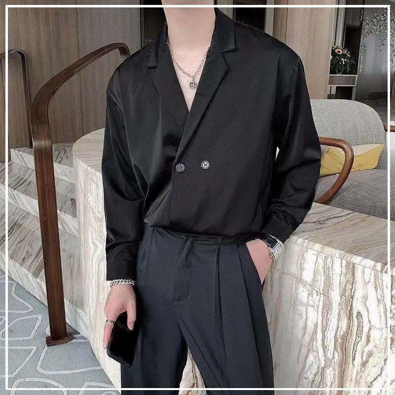 Spring and Autumn Fashion Advanced Loose Casual Business Flip Collar Double Breasted Buckle Solid Color Long Sleeved Shirt