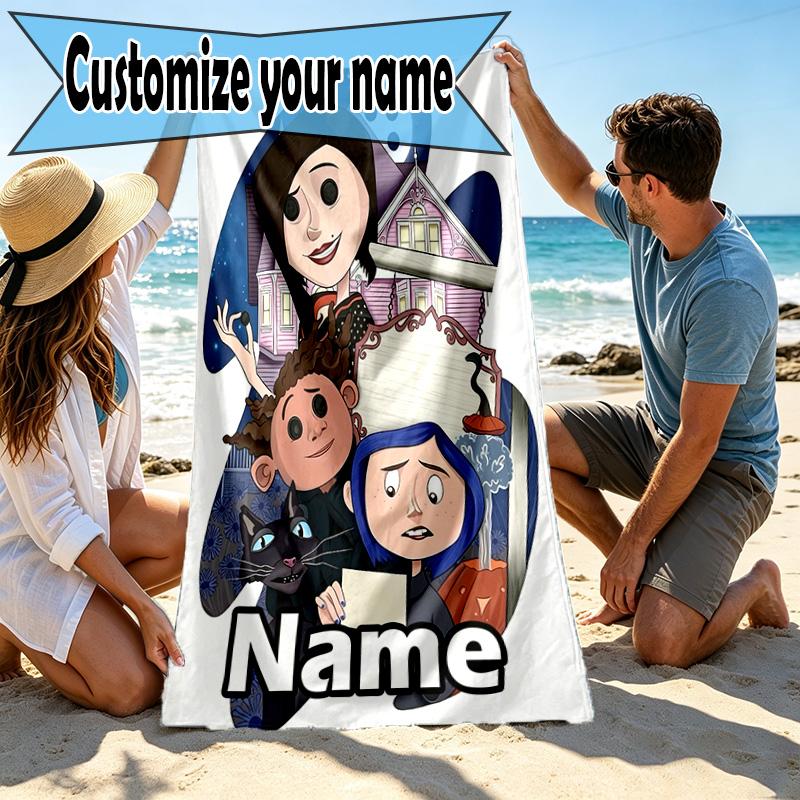 Custom Name Personalized Coraline Print Beach Towel, for Trip Camping Beach Party Home Decor, Birthday Gift for Family & Friends