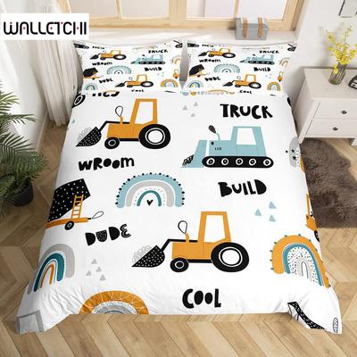 Truck Excavator Duvet Cover Set Queen Size for Kids Nursery Cartoon Tractor Engineering Vehicle Construction Theme Bedding Set