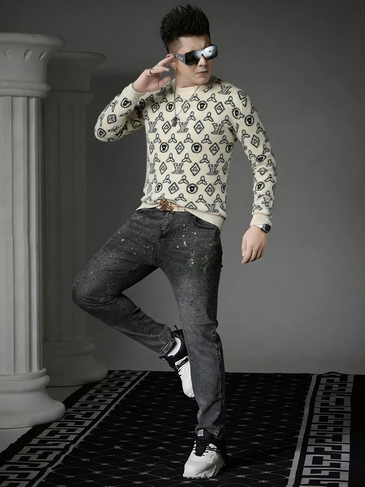 European Style Trendy Floral Long-Sleeve Knit Sweater for Men, 2025 Autumn and Winter New Round-Neck Sweater, Inner Layer Base Shirt