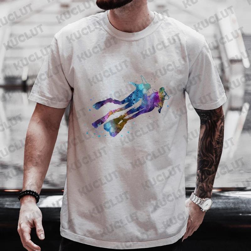 Summer Streetwear Scuba Diver Watercolor Diving Print Men's Brand T-shirts Scuba Diver Design Tops Breathable Men Women Tshirts