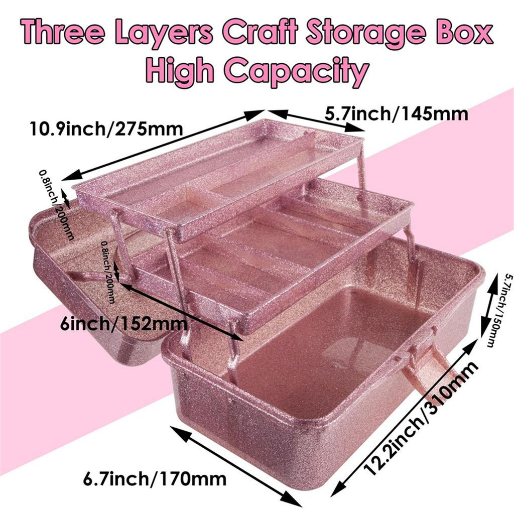 New Glitter Pink & Craft Tool Storage Box,3-Layer Stackable Carry Tackle Box Sewing Box Organizer for Art