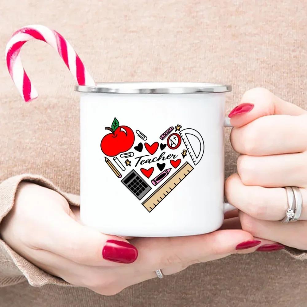 Teacher's Day Stationery Heart Apple Enamel Mugs Handle Cups Coffee Tea Milk Mugs Bonfire Party Best Gifts for Teacher