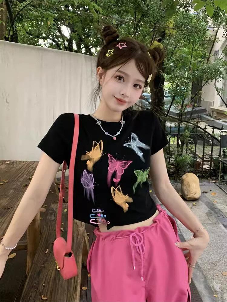Summer new dopamine butterfly print short Spice Girl top design sense niche age-reducing short-sleeved T-shirt