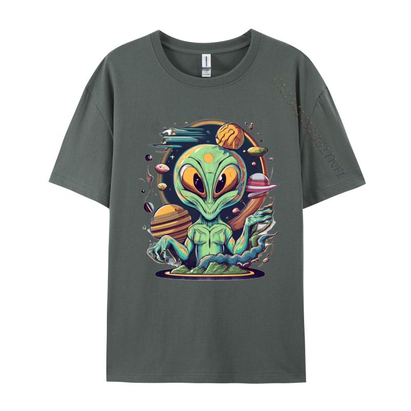 Alien Tshirt Anime Printed Tshirt Funny UFO Alien Space Men Tshirt Green And White Graphic T Shirt