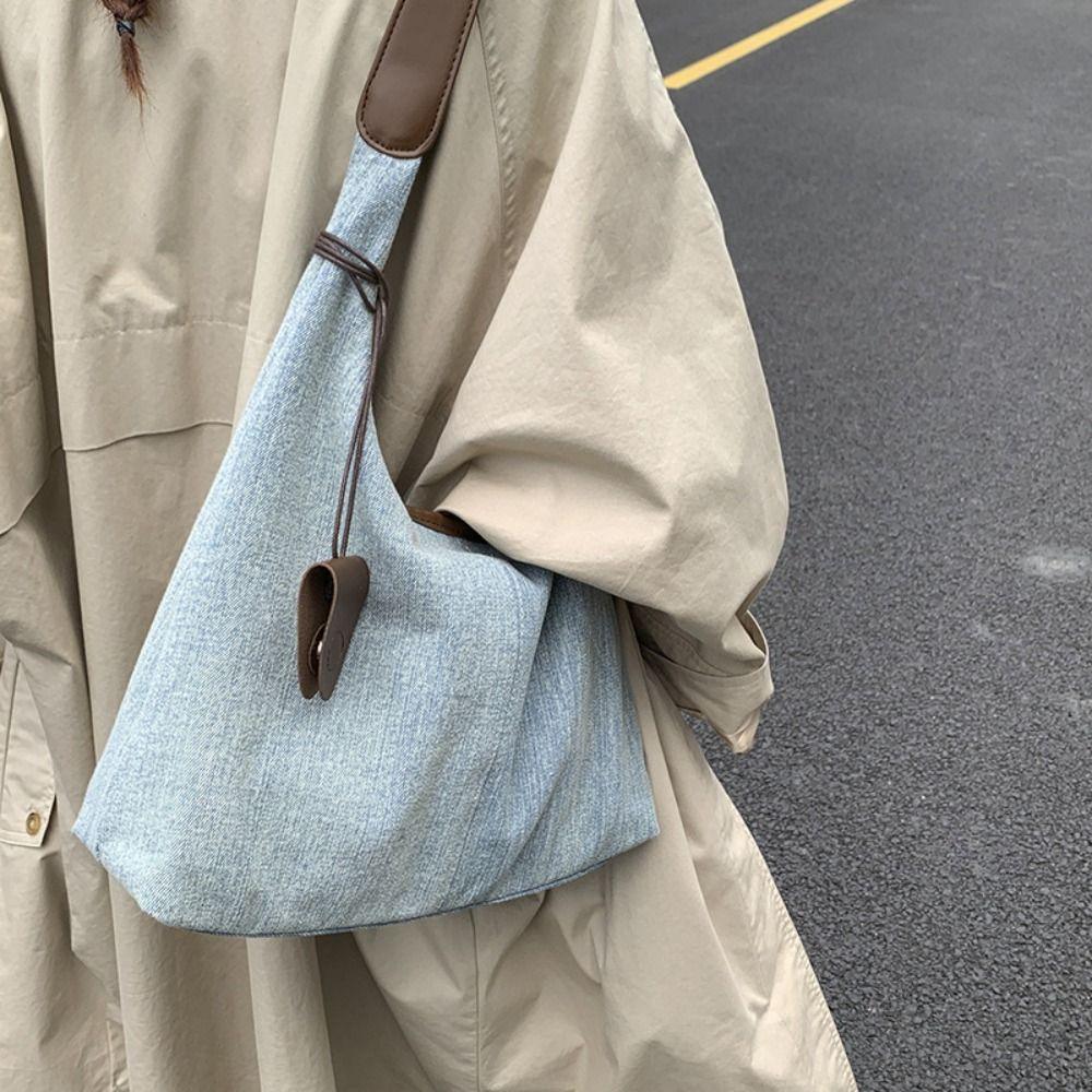 Harajuku Denim Tote Bag Korean Style Commuting Underarm Bag Leisure Canvas Shoulder Bag  Lady