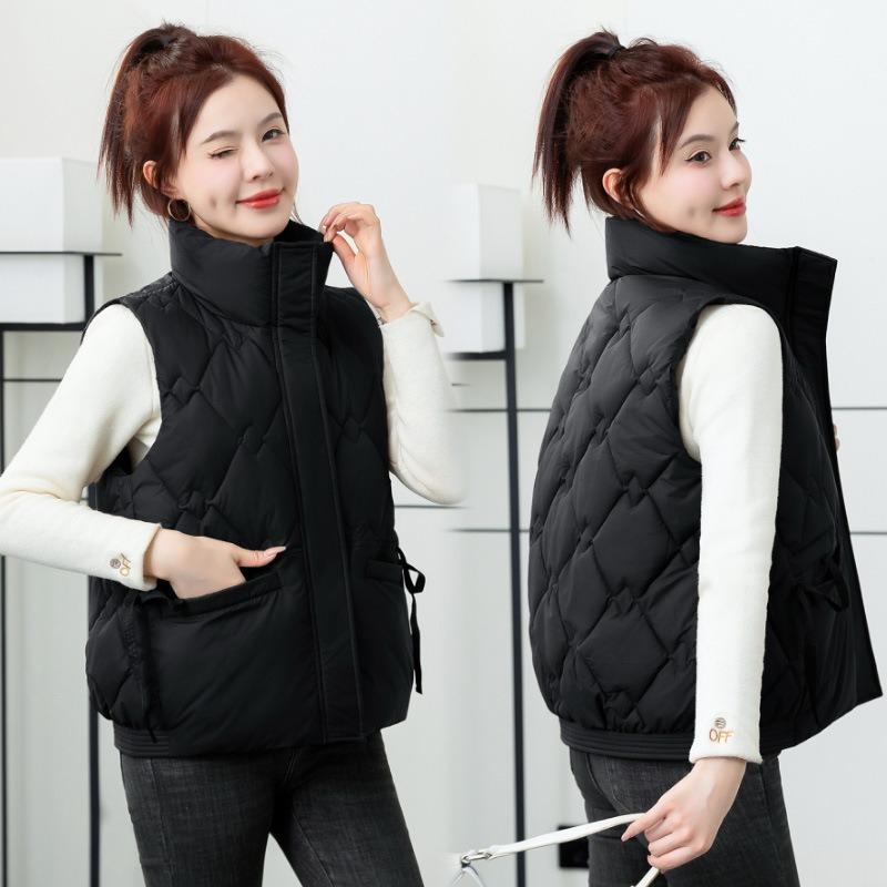 Fresh and fashionable down cotton vest women's autumn and winter rhombus stand-up collar sleeveless vest cotton vest trendy jacket