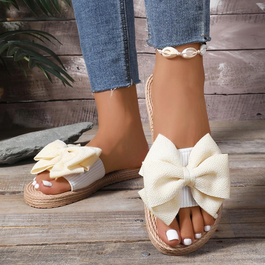 Women Slippers New Summer Striped Bow Platform Sandals Slides Women Casual Shoes Comfortable Flax Slippers Zapatos De Mujer